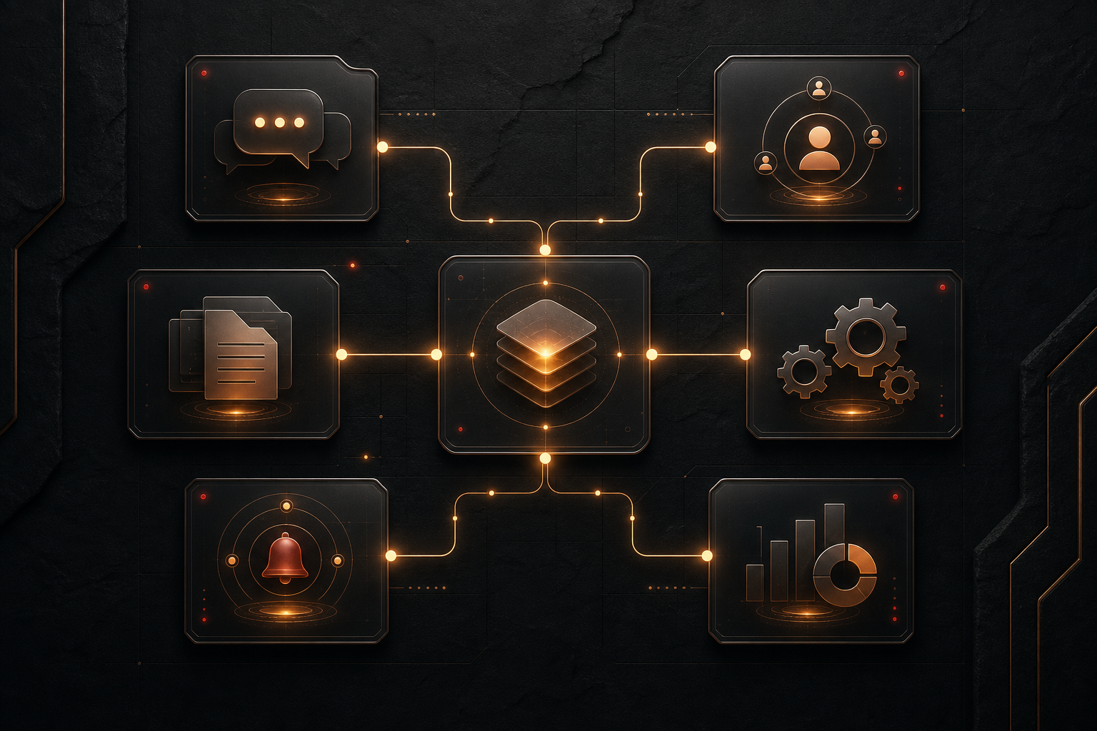 Тёмная technical process map, связывающая обращения, документы, CRM, operations alerts и reporting для армянского бизнеса