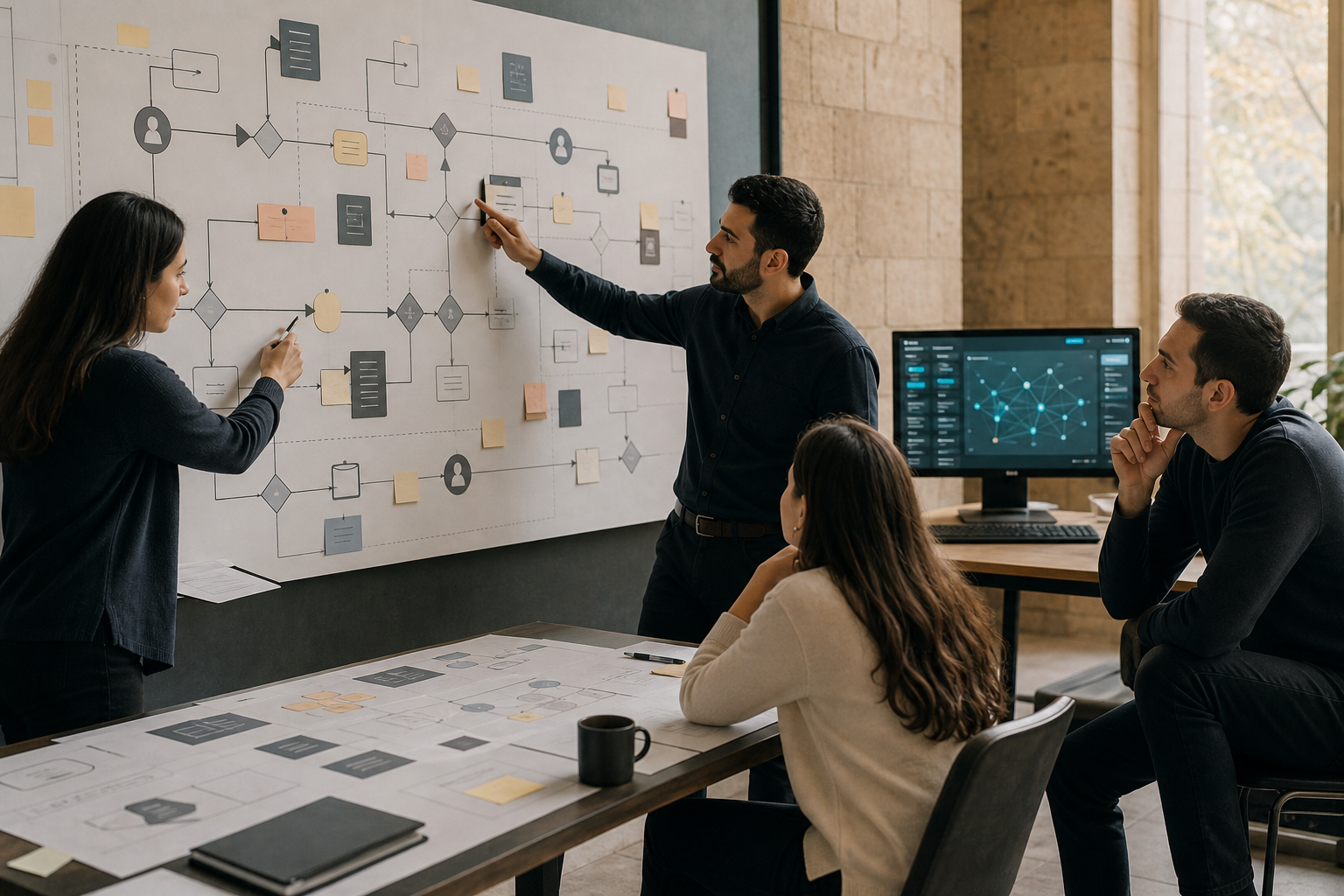 A cross-functional business team maps triggers, decisions, handoffs and controls before choosing an AI model
