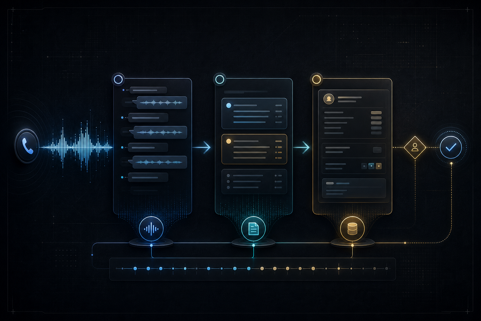 A controlled CRM call-summary workflow carries a call waveform through transcript evidence, a bounded summary, human approval and verified CRM read-back