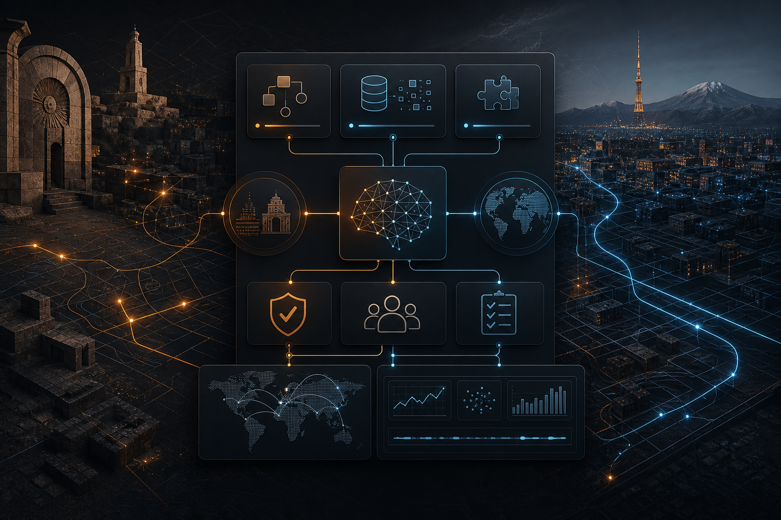 AI developer delivery map connecting Yerevan local context, data sources, integrations, review gates and remote monitoring