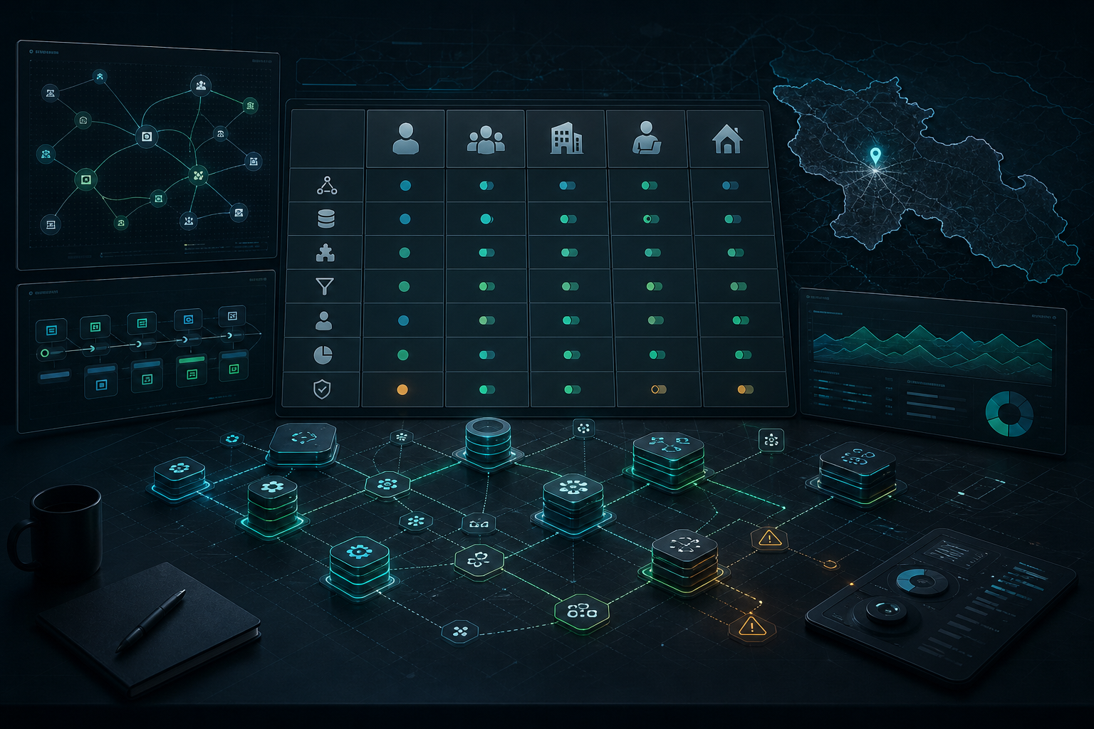 Темный editorial cover с decision matrix для AI engineering studio в Армении: workflow fit, data readiness, integrations, evaluation, ownership и TCO