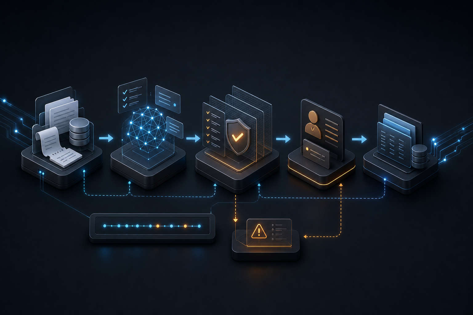 A controlled finance operations AI workflow connects source evidence, bounded proposals, deterministic validation, human review and verified ledger read-back