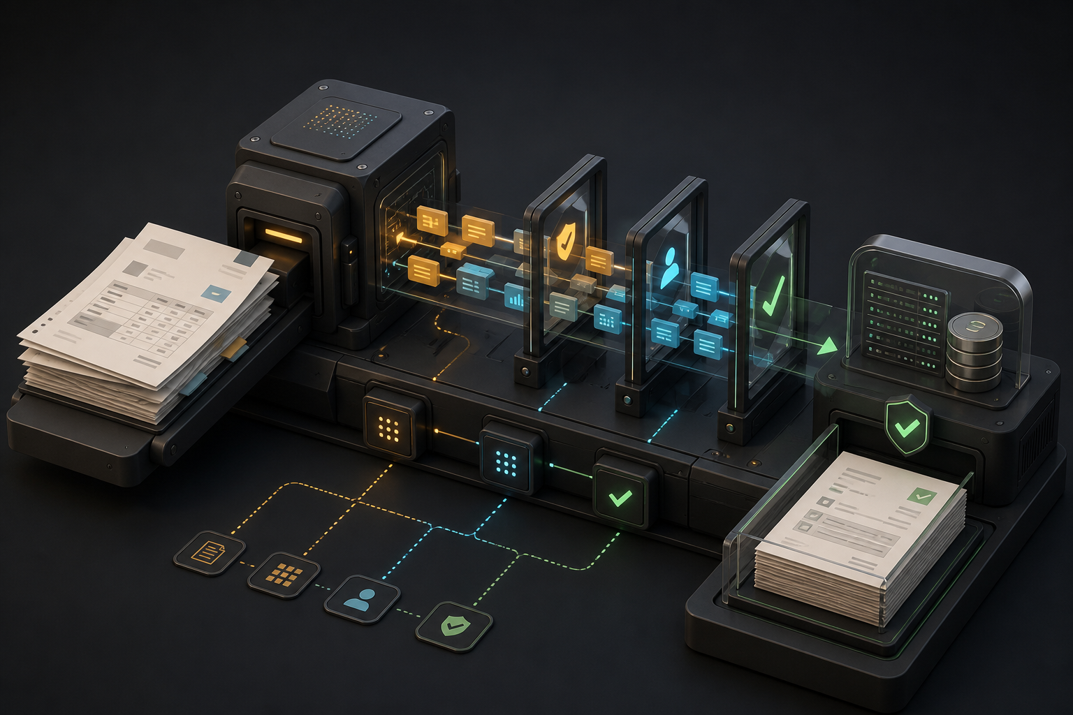 A controlled AI document workflow routes invoices through evidence extraction, validation gates, human review and verified accounting-system read-back