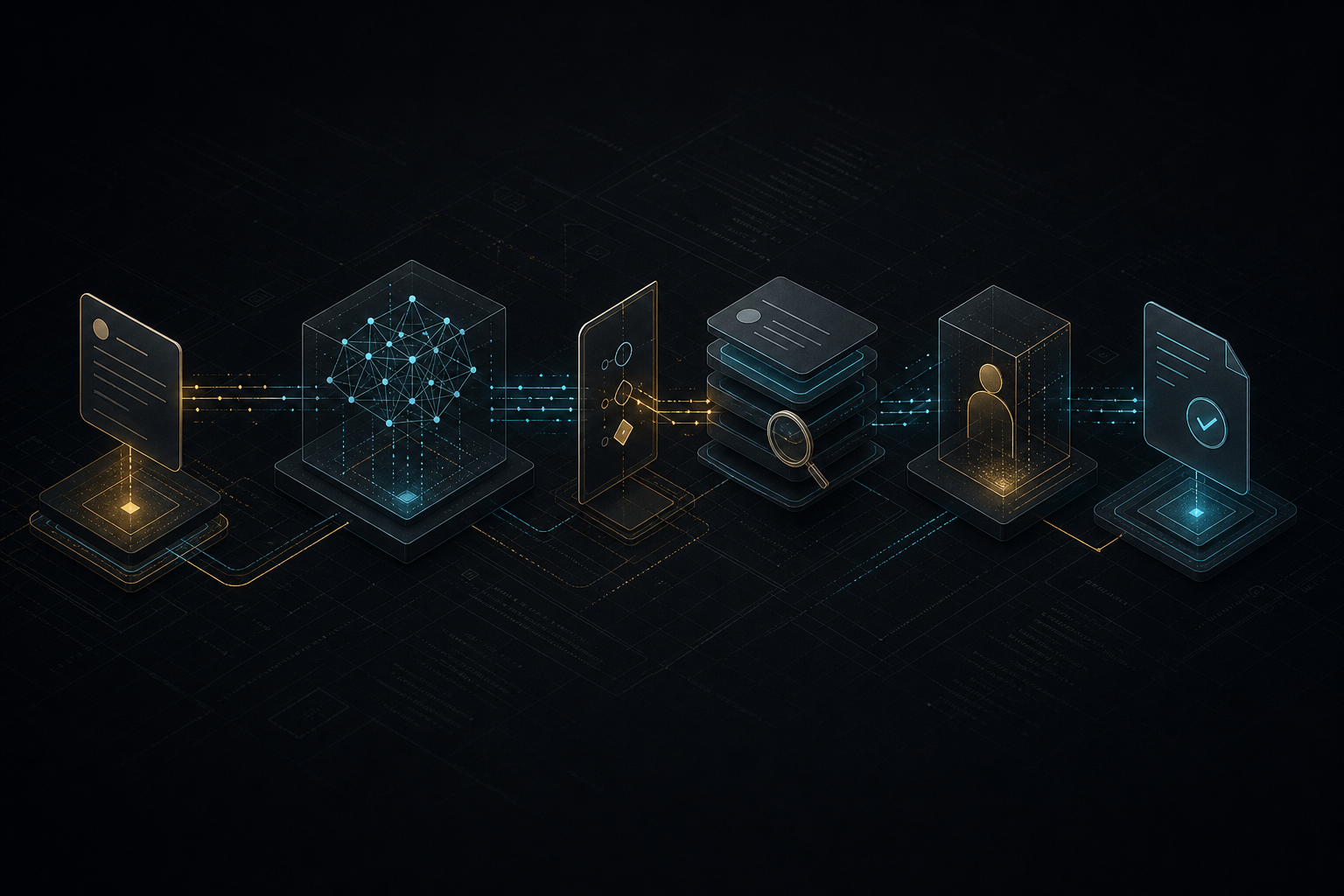 An AI lead qualification workflow connects intake, model analysis, rules, CRM duplicate checking, owner review and a verified update