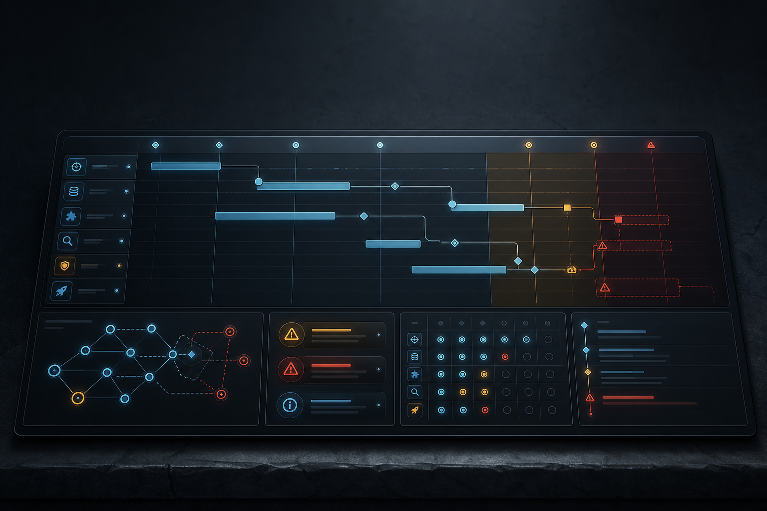 Темный technical editorial cover с AI project timeline estimate audit dashboard, timeline lanes, dependency graph, risk gates, audit matrix, milestones и rollout phases