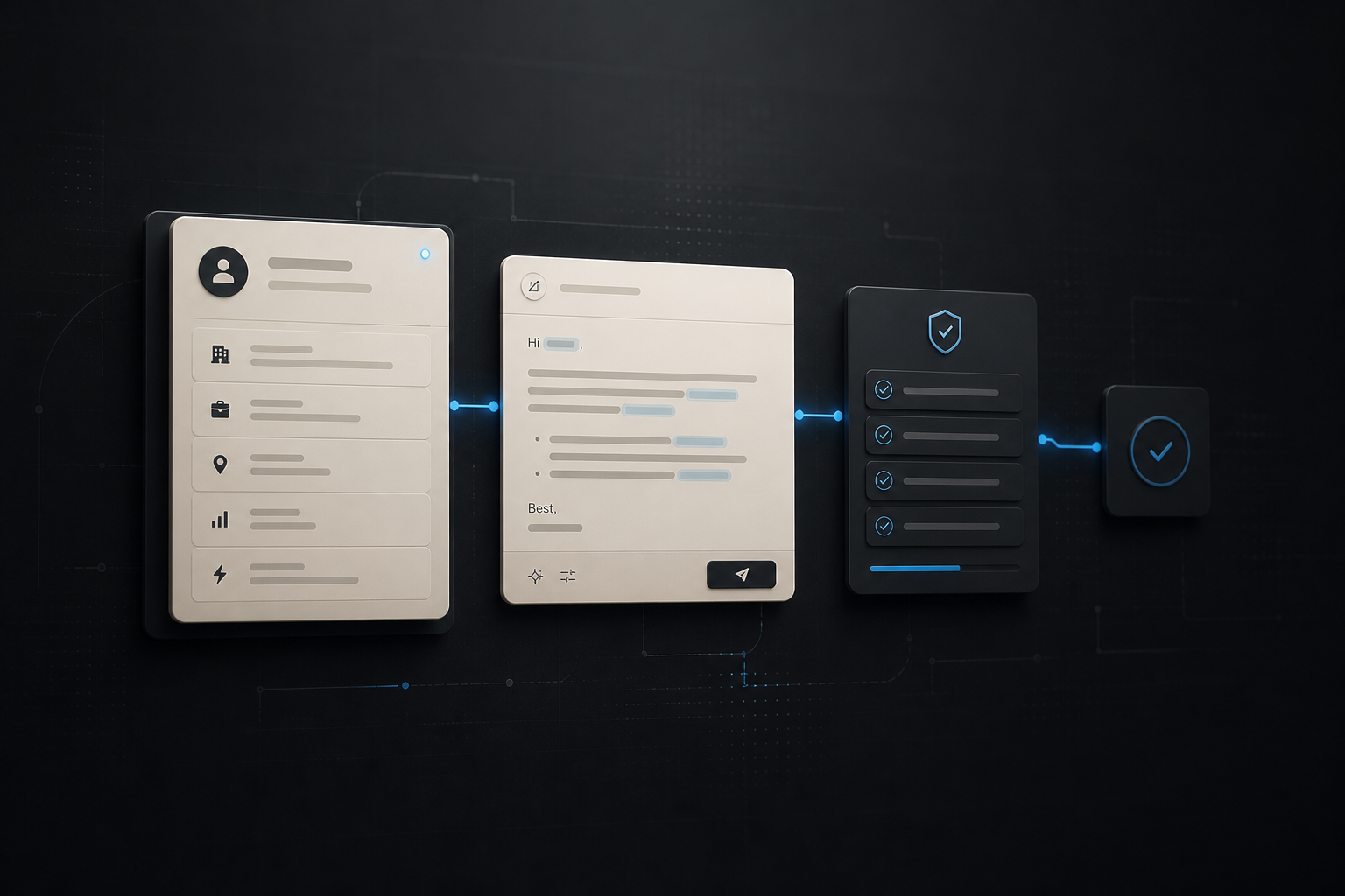 A controlled AI sales email workflow connects a permitted CRM signal, a reviewable email draft, policy checks, human approval and a verified outcome