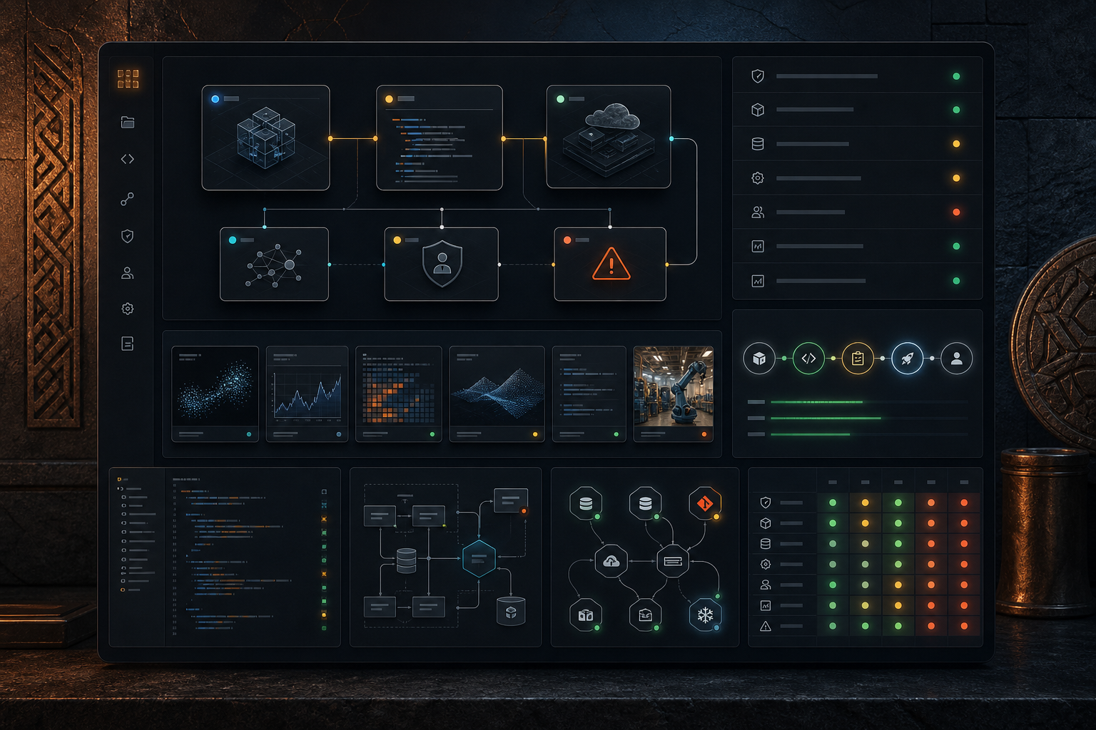 Темный technical editorial cover с AI specialist portfolio evaluation dashboard, evidence cards, architecture fragments, risk gates, decision matrix и deployment proof panels