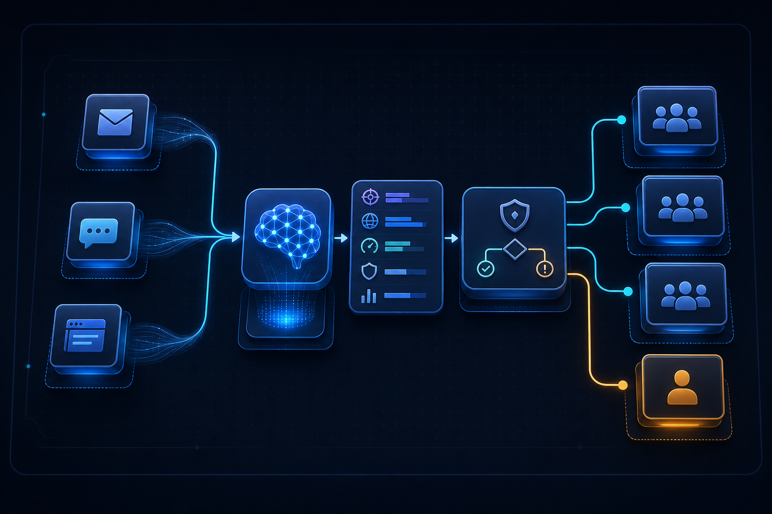 Контролируемый AI support routing workflow связывает сообщения клиентов с ограниченной классификацией, policy gate, human review и подтверждённым назначением в очередь