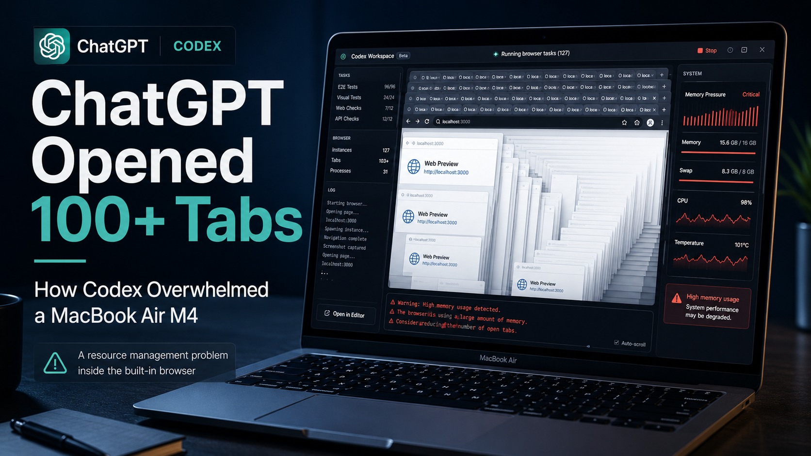 MacBook Air showing a Codex browser workspace overwhelmed by more than one hundred tabs and high memory pressure