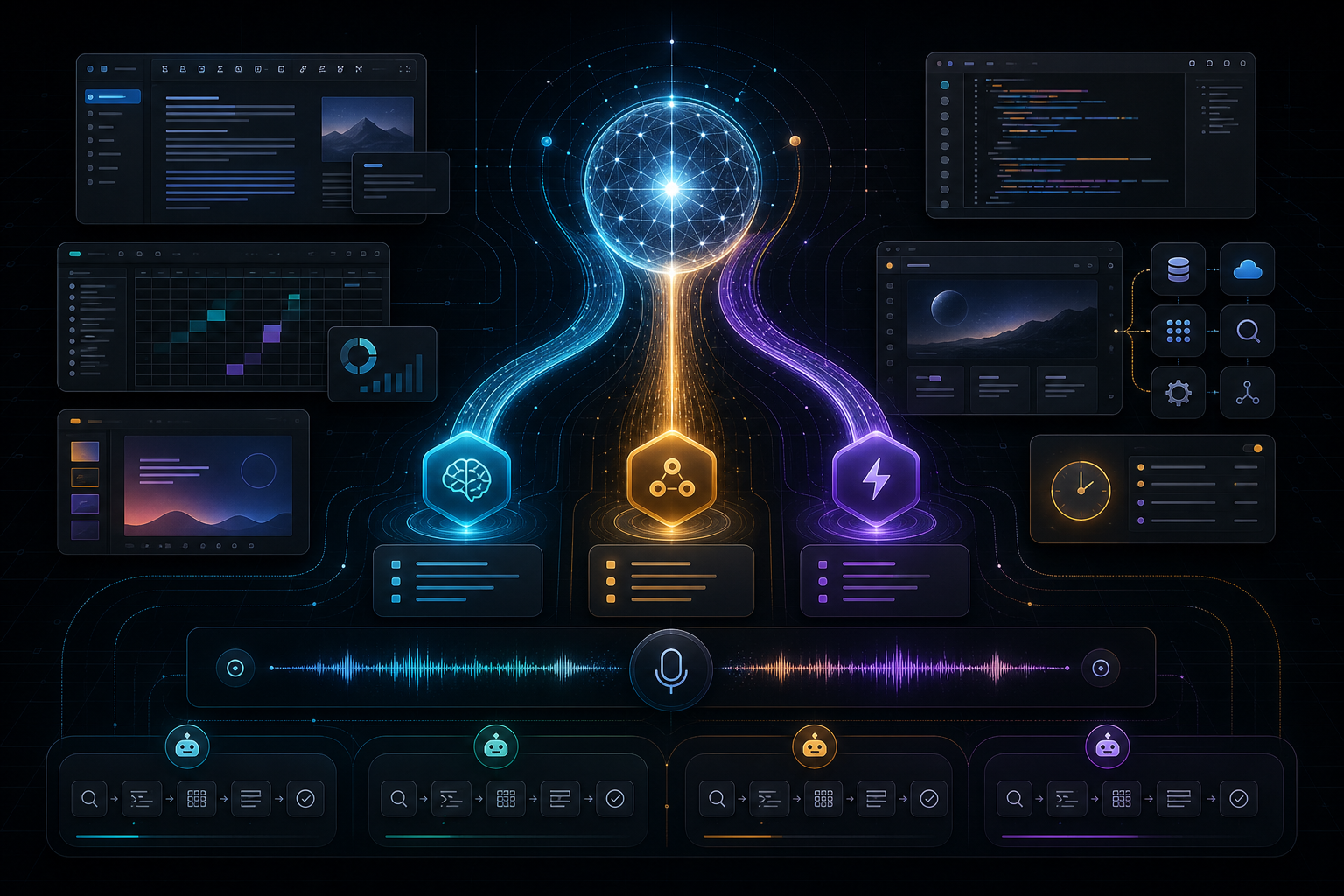 Dark technical editorial dashboard showing a three-tier AI model family, documents, spreadsheets, code, tools, scheduled work, voice waveform and parallel agents