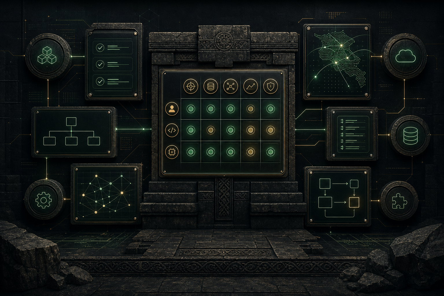Темный editorial cover с decision matrix, workflow nodes, data map и subtle Armenian stone texture для выбора AI-разработчика в Армении
