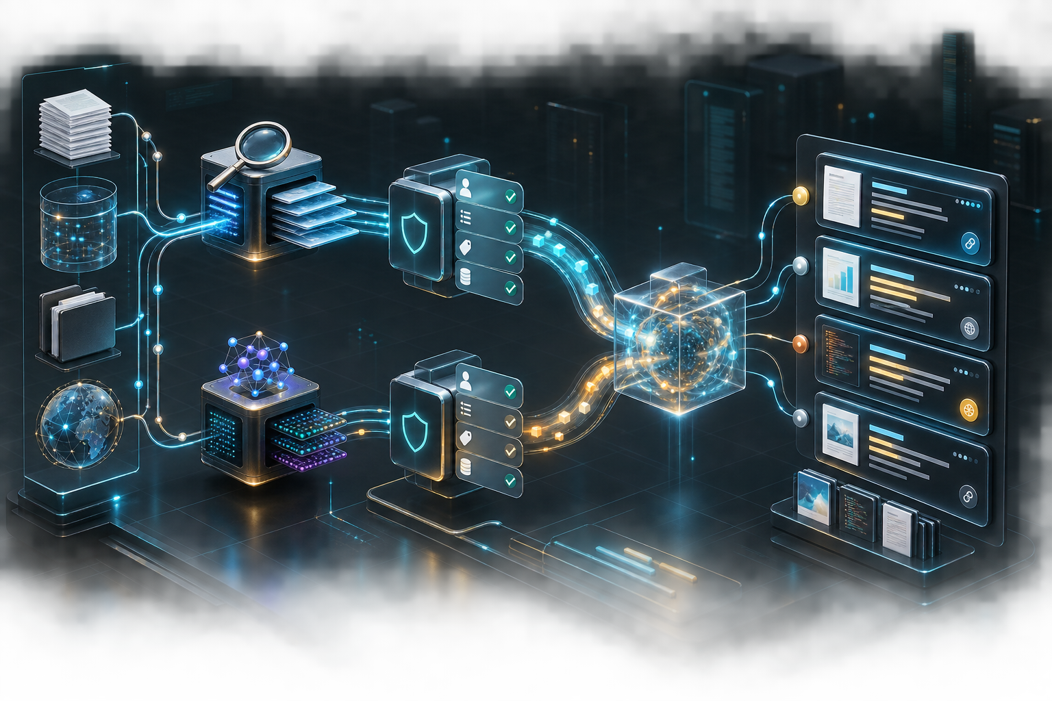 Two controlled search lanes converge through permission filters and fusion into source-linked evidence cards