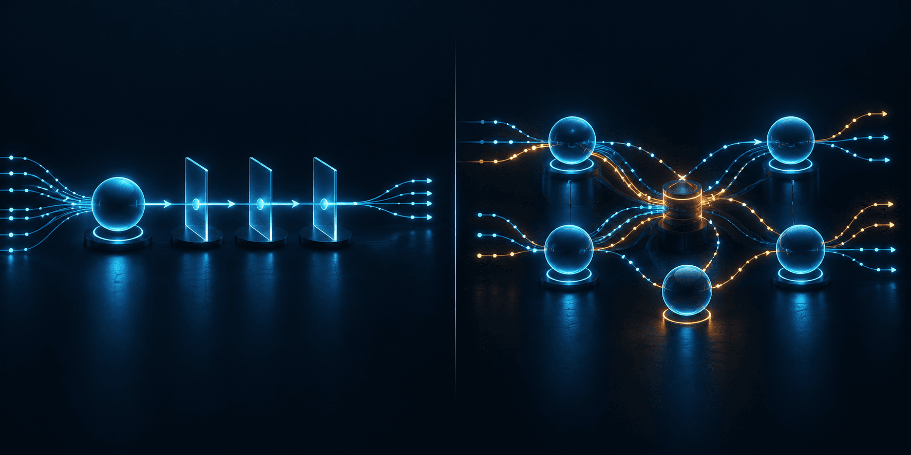 Один последовательный AI workflow сопоставлен с несколькими агентами и передачами задач