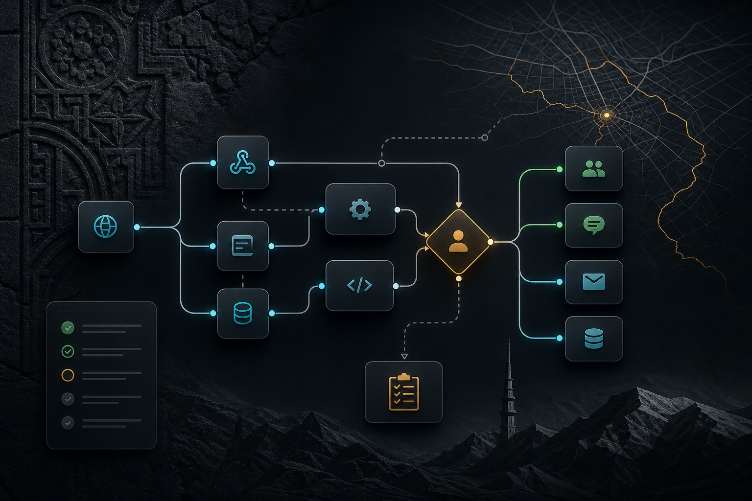 Темный technical editorial cover с workflow nodes, API paths, approval gate, CRM and messenger lanes, checklist и локальным Armenia signal для выбора n8n-специалиста