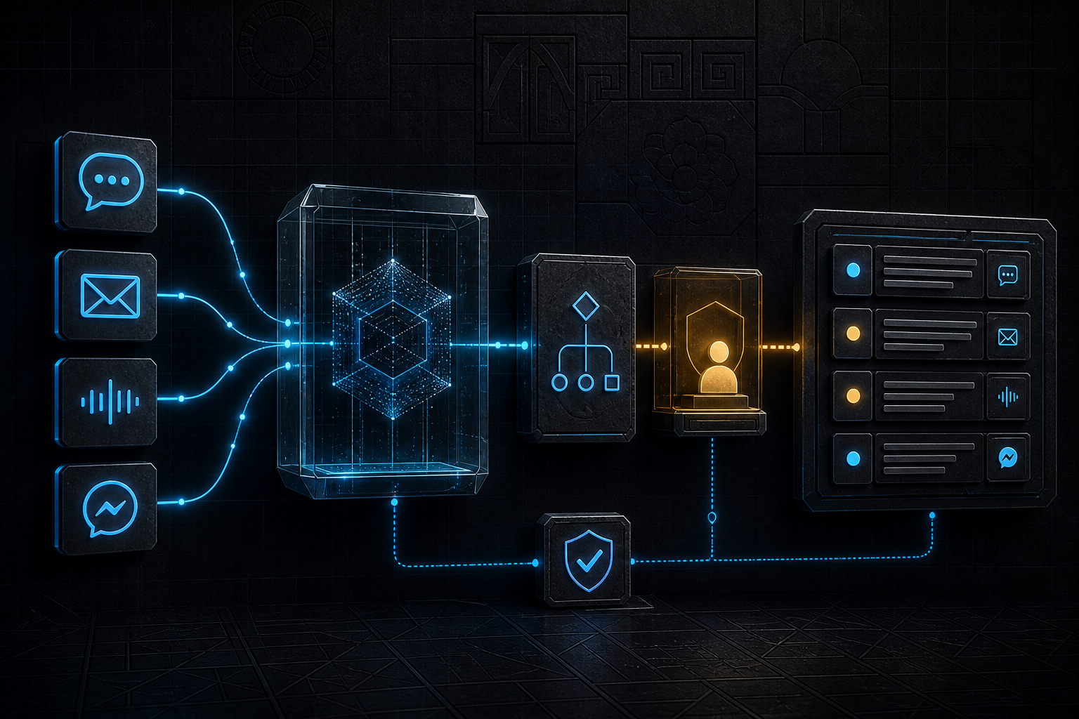 Контролируемая омниканальная AI support architecture проводит chat, email, voice и messenger events через ограниченный AI layer, policy и human review в подтверждённую support queue