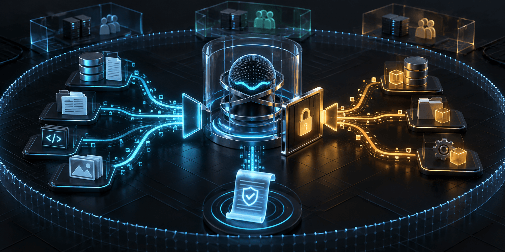 An AI tool request passes through scoped permissions, review and a verified destination