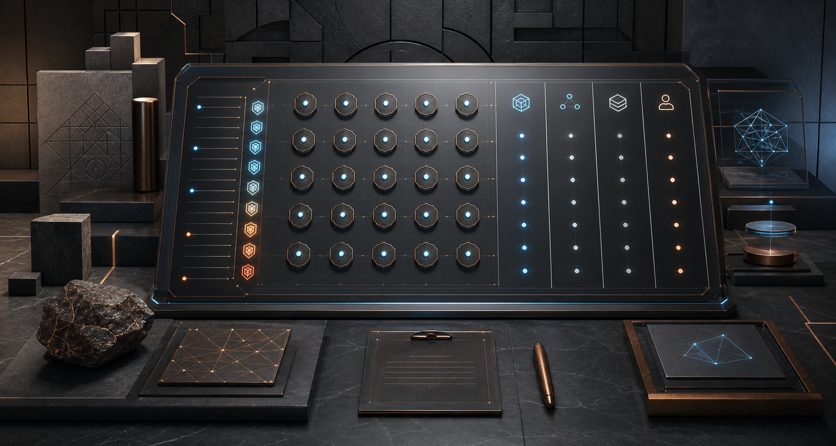 Темный technical editorial cover с checklist matrix для интервью AI-разработчика, readiness nodes, risk gates, data, integration, evaluation и ownership columns