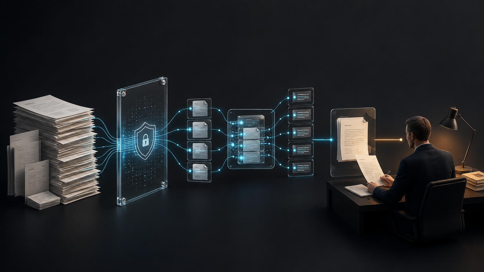 Versioned legal documents pass through a permission gate and citation layer to a separate expert review desk