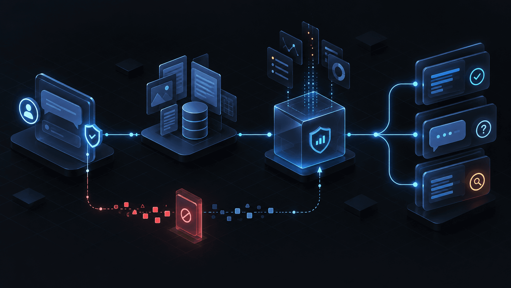 Контролируемый RAG pipeline проводит authorized evidence через границу redaction к наблюдаемым decision routes