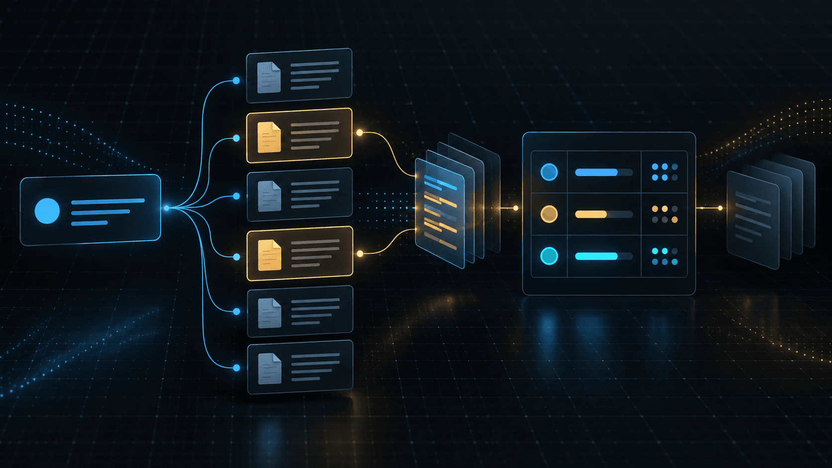 Abstract technical retrieval pipeline with relevant document evidence highlighted and recall, precision and context relevance signals