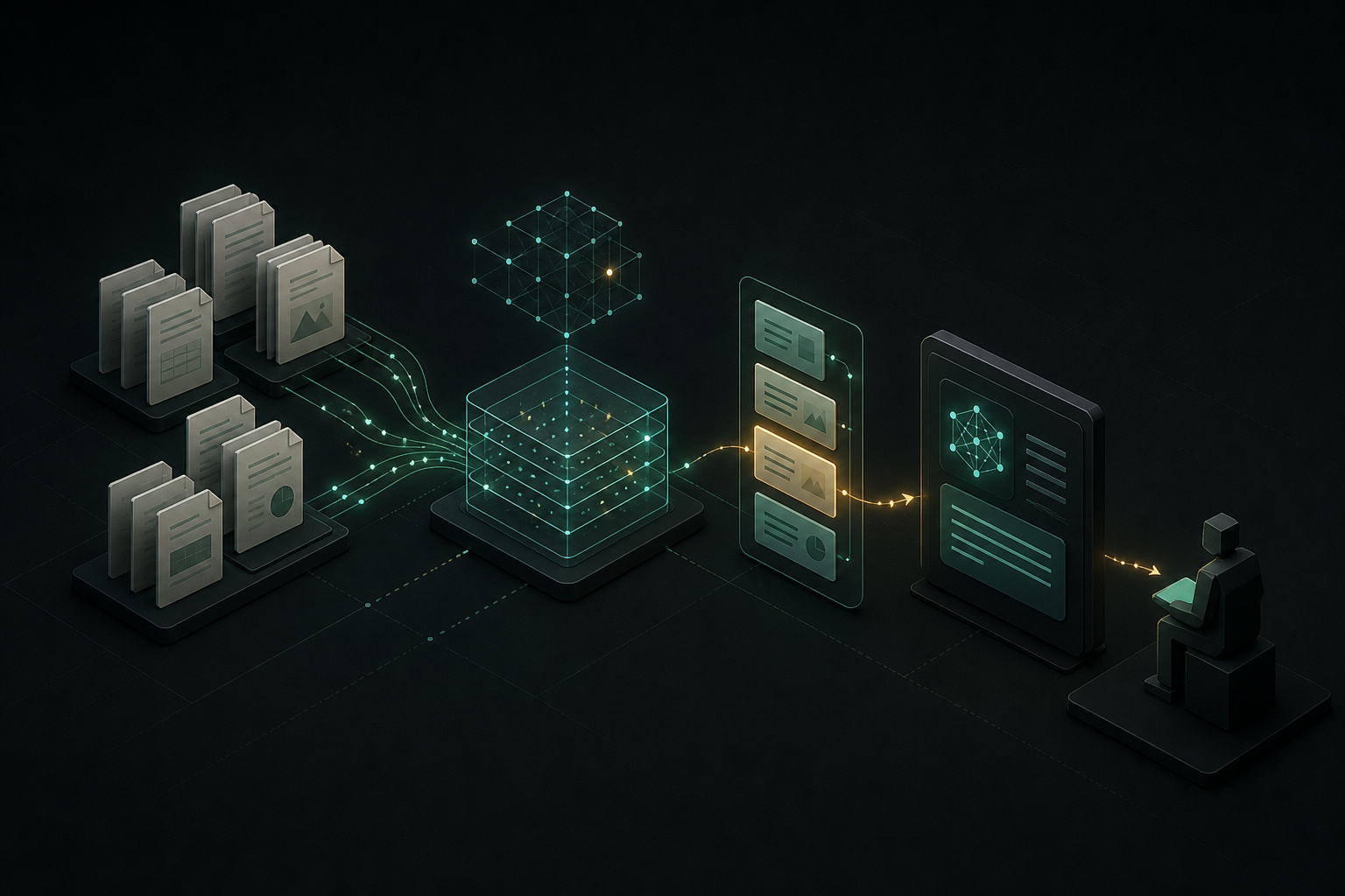 Document cards flow through a permission-aware retrieval index into an evidence packet, an AI response and a human review point