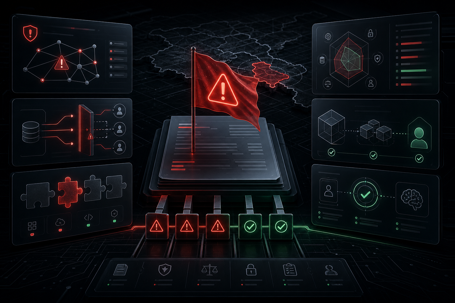 Темный technical editorial cover с red flag checklist dashboard для AI-подрядчика, risk gates, data access, integration, evaluation, approval и ownership panels