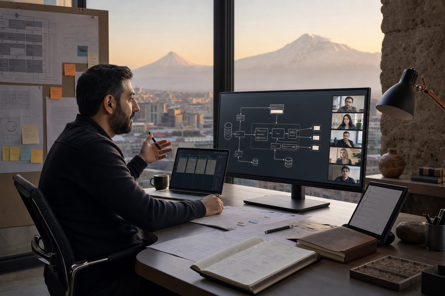 AI engineer in Yerevan coordinating a distributed team through architecture review, delivery gates and documented handoff