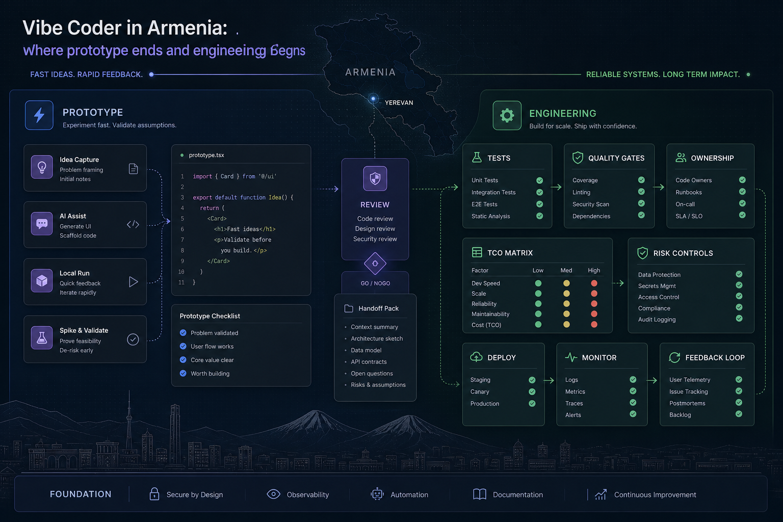 Vibe coder Armenia comparison framework with prototype lane, engineering hardening lane, review gates, tests, ownership and Armenia signal