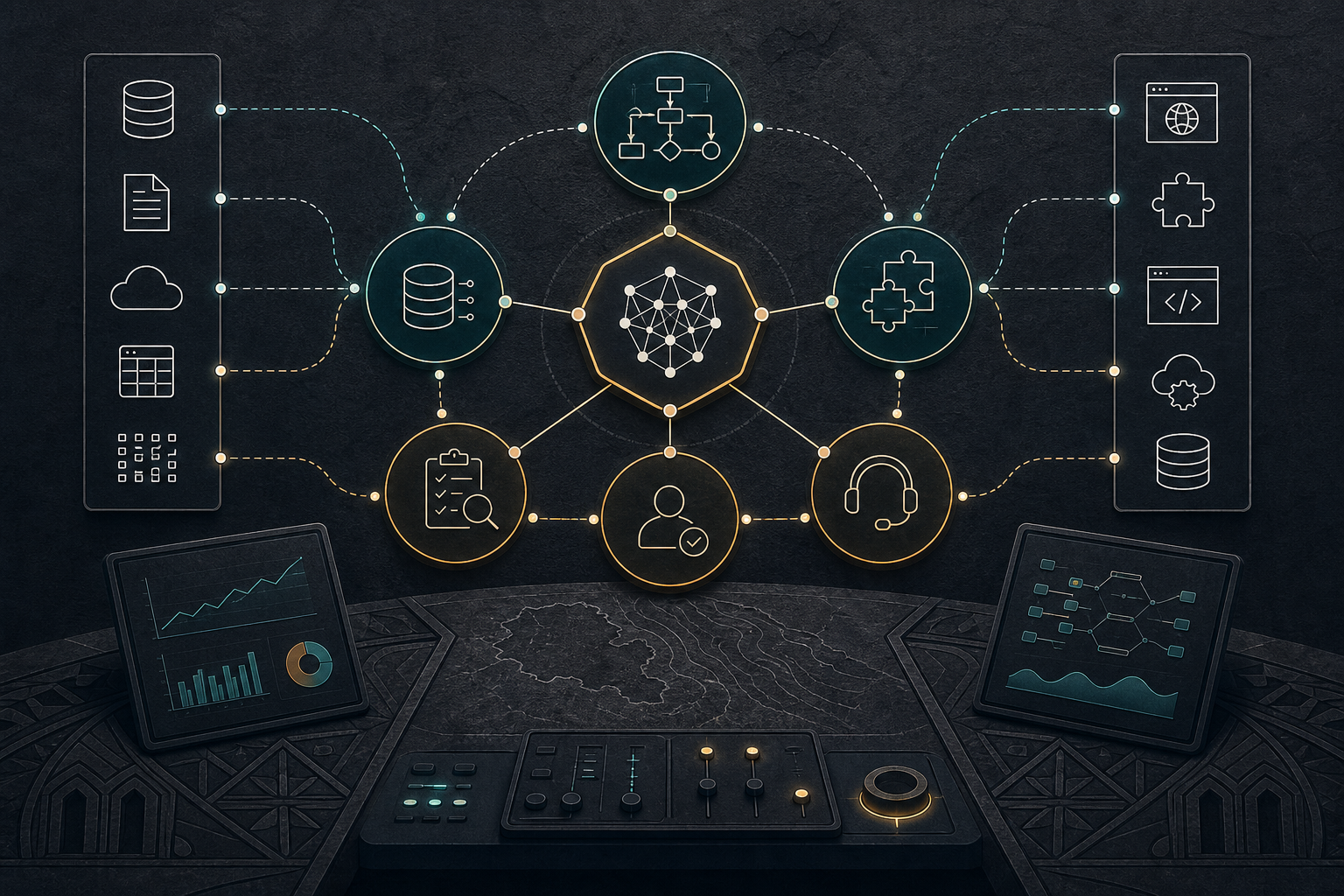 AI specialist workflow map with data sources, integrations, review gates and production support