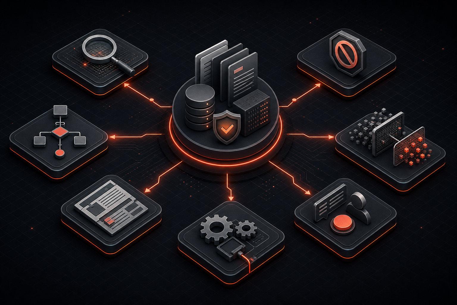 A technical RAG assessment node routes seven distinct paths to simpler controlled alternatives before retrieval is selected