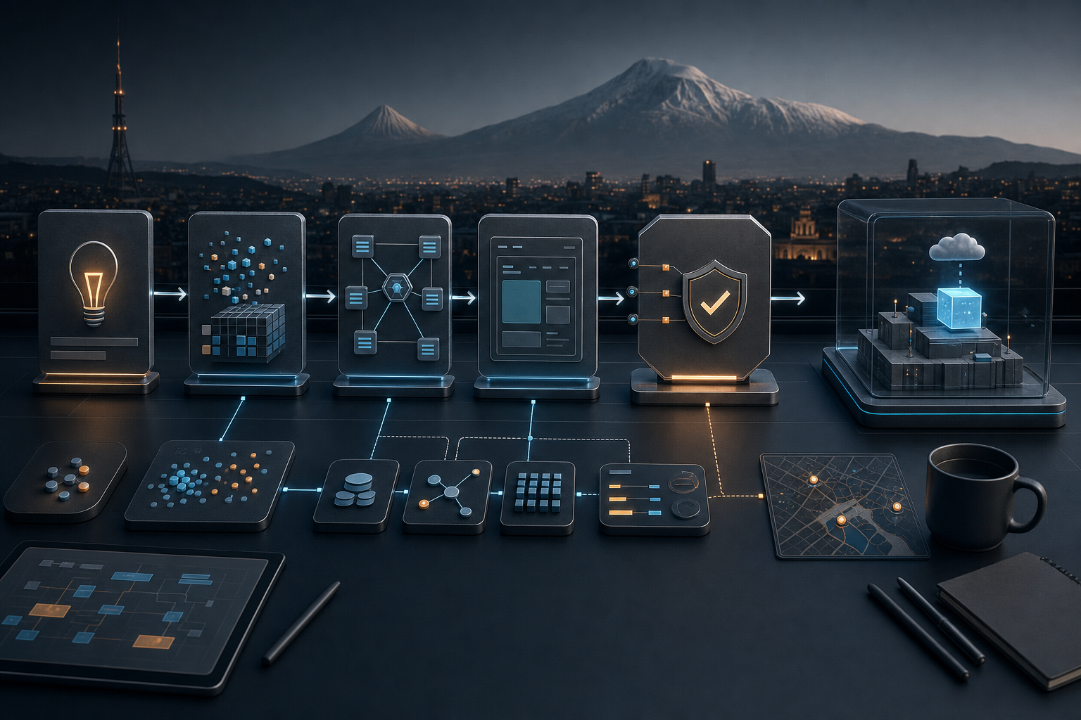 Техническая карта пути стартапа от гипотезы через данные и evaluation к controlled AI MVP на фоне Еревана и Арарата