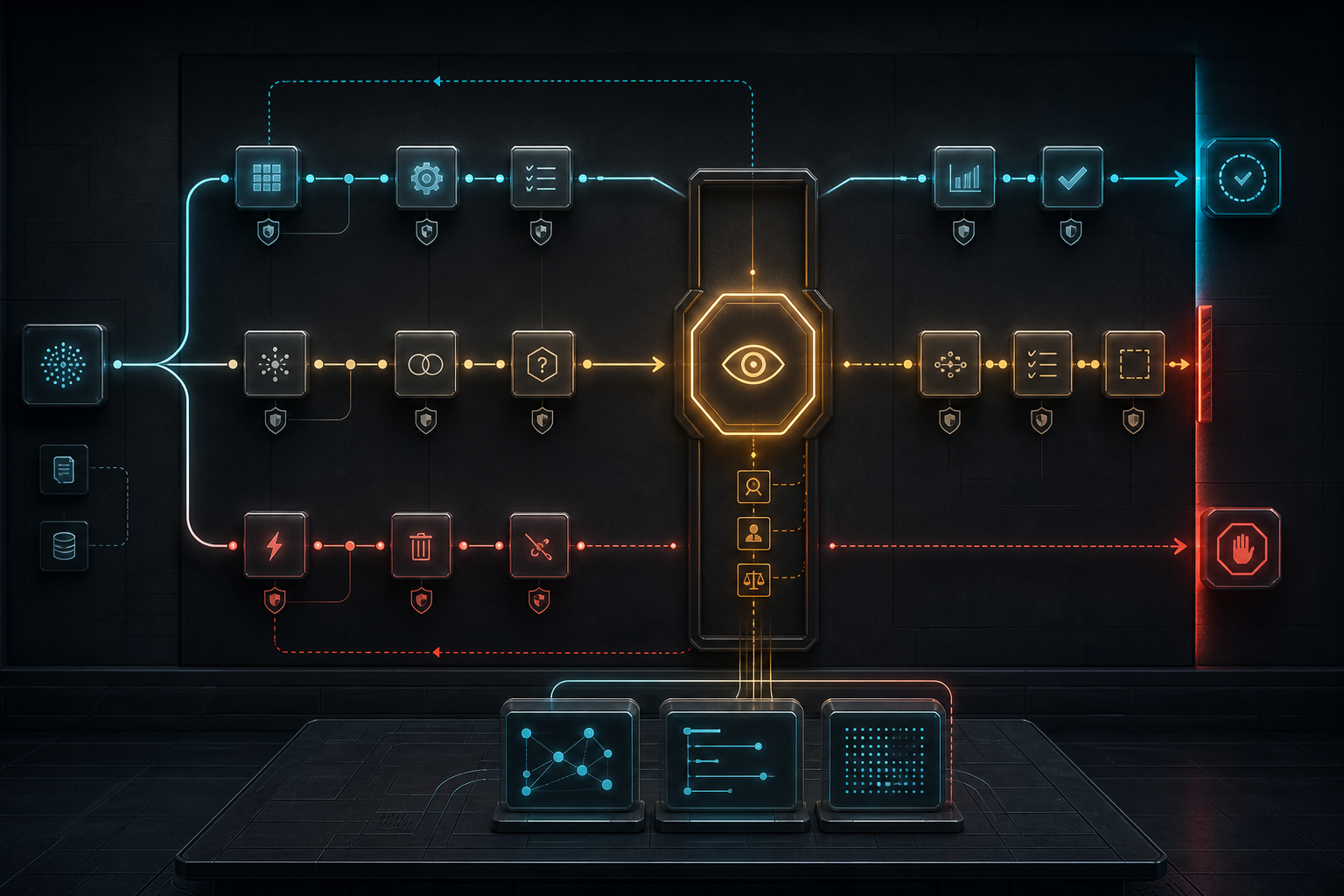 A technical process map separates reversible AI automation, human review and irreversible actions that must stop