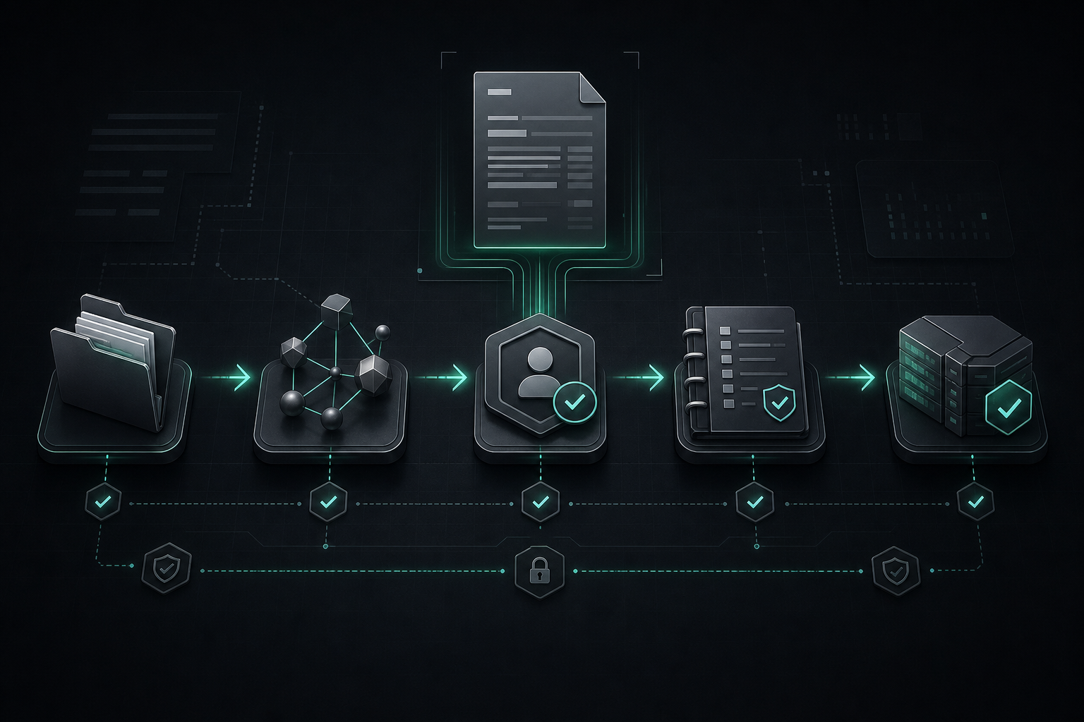 A controlled AI procurement workflow routes an anonymized purchase request through classification, approval, audit and verified ERP destination