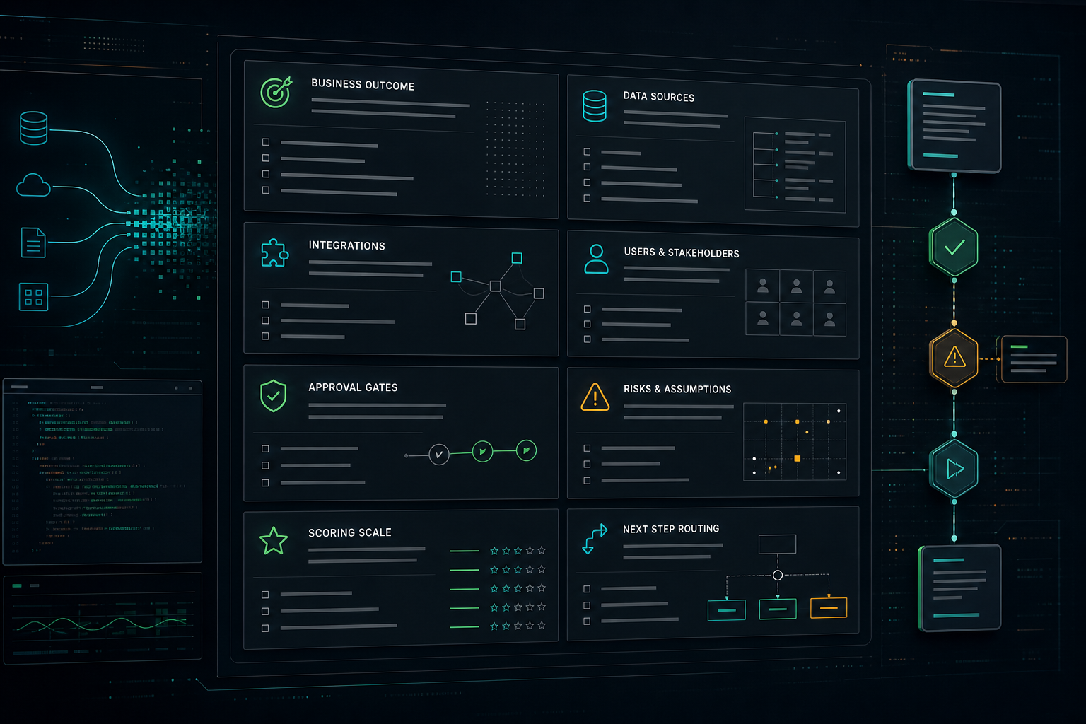 Темный technical editorial cover с AI project brief template dashboard, workflow, data, integrations, approval gates, risks и scoring panels