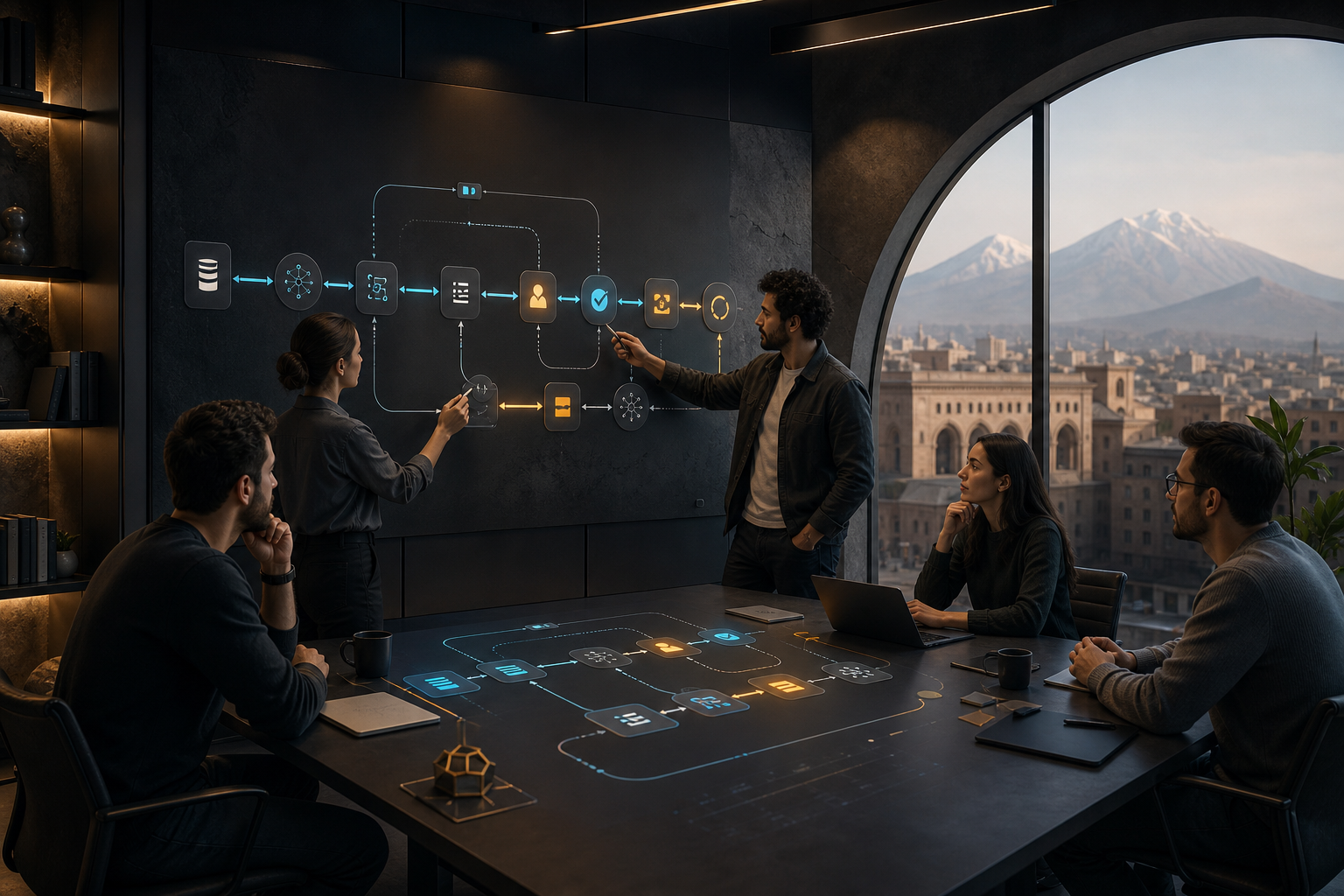 Cross-functional team in Yerevan mapping a controlled AI workflow with data, integrations, human approval and verification gates