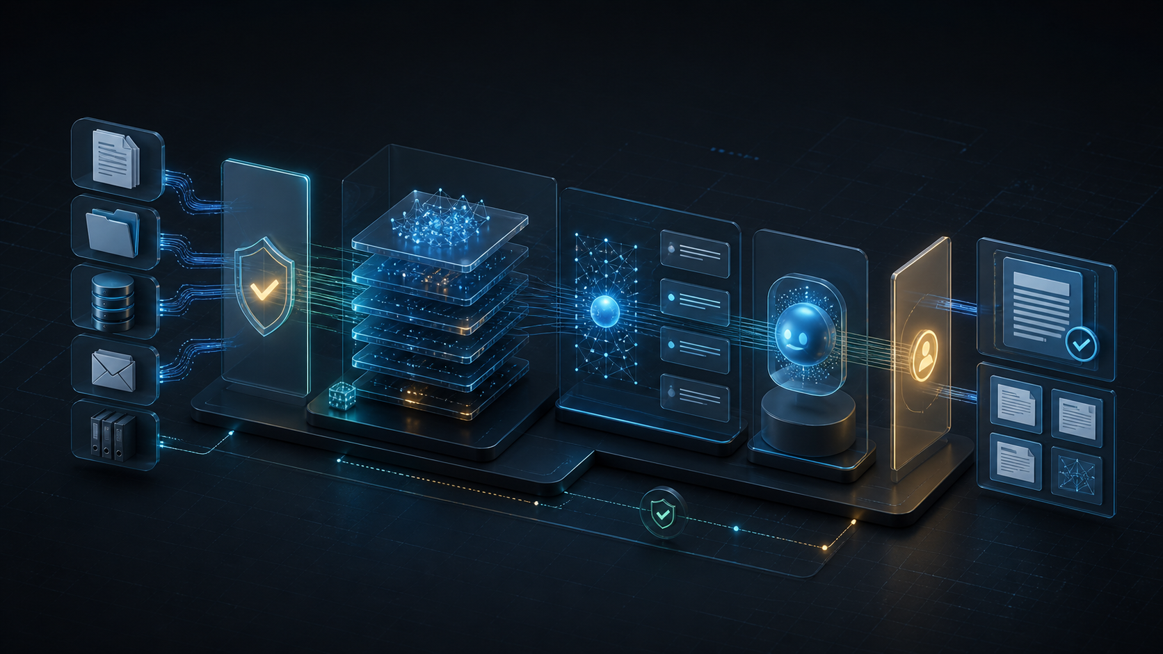 Контролируемая корпоративная AI-база знаний соединяет document sources через permission boundary и versioned registry с внутренним ассистентом и human review