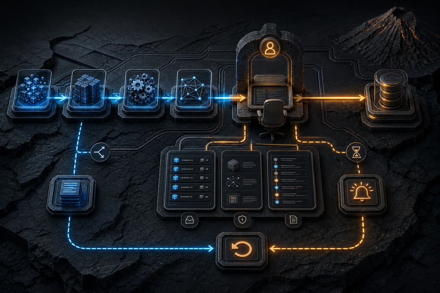 A production AI workflow pauses at a human approval gate with evidence, audit, timeout and rollback paths