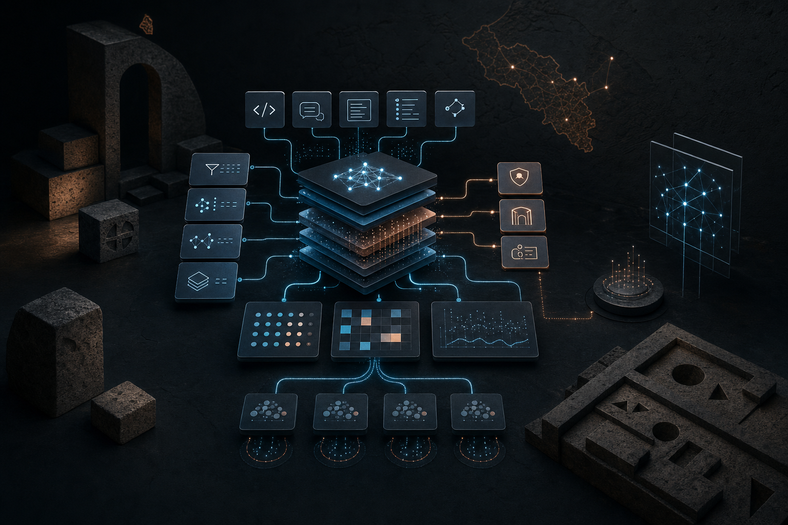 Темный technical editorial cover с model orchestration, prompt contracts, context policy, tool boundaries, evaluation grid и локальным Armenia signal для выбора LLM-разработчика