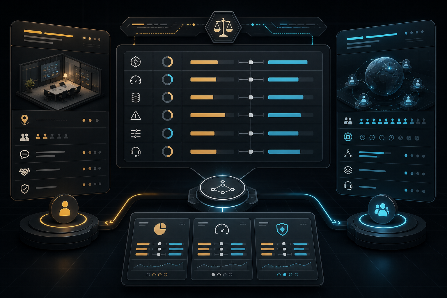 Тёмный technical decision dashboard, сравнивающий локального AI-подрядчика и международную команду по weighted criteria и трём scenario cards