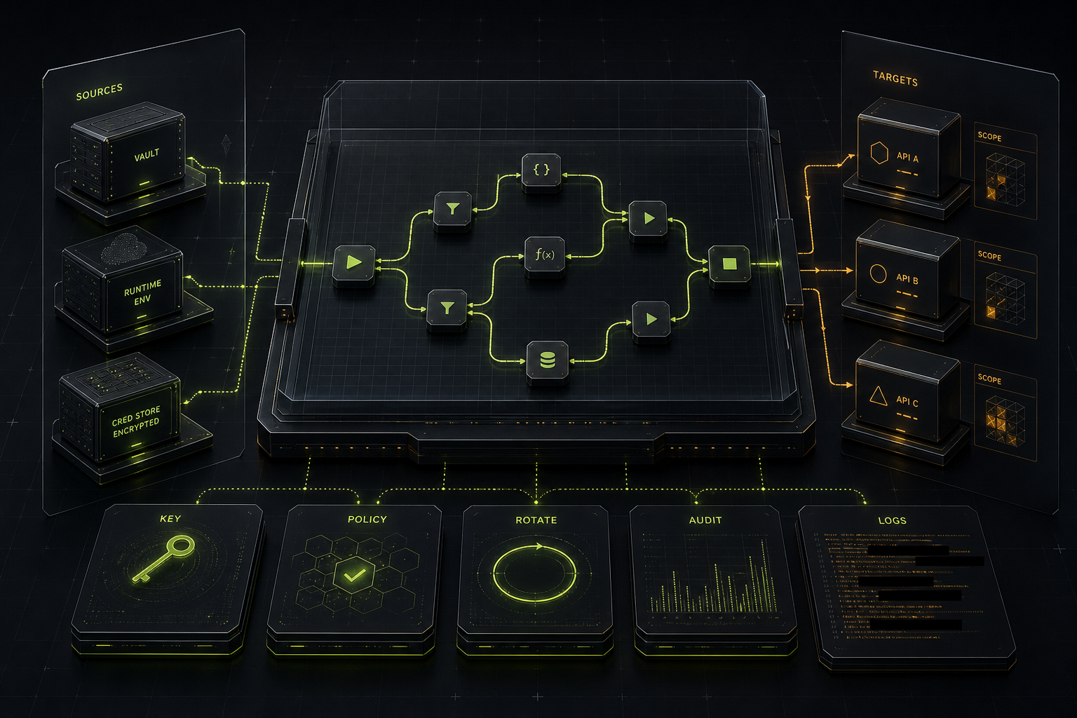 Secret sources, encrypted credential storage and runtime controls feed a scoped workflow engine that reaches bounded target APIs through rotation, policy and audit layers