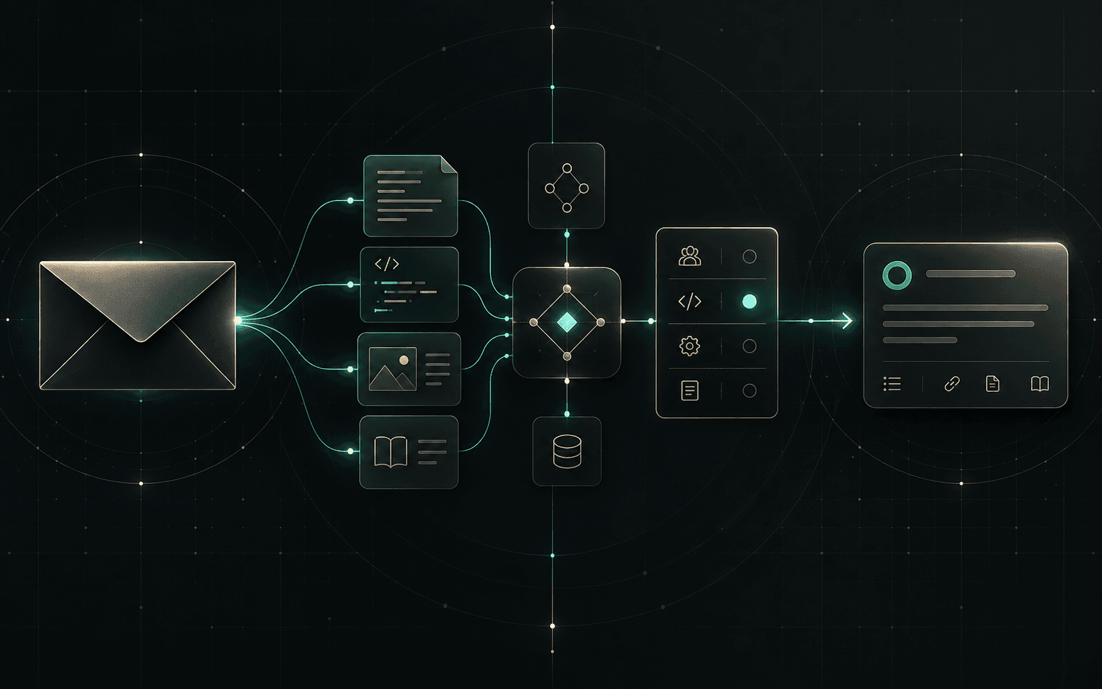 Conceptual illustration of an email passing through knowledge retrieval and assignment into a developer task