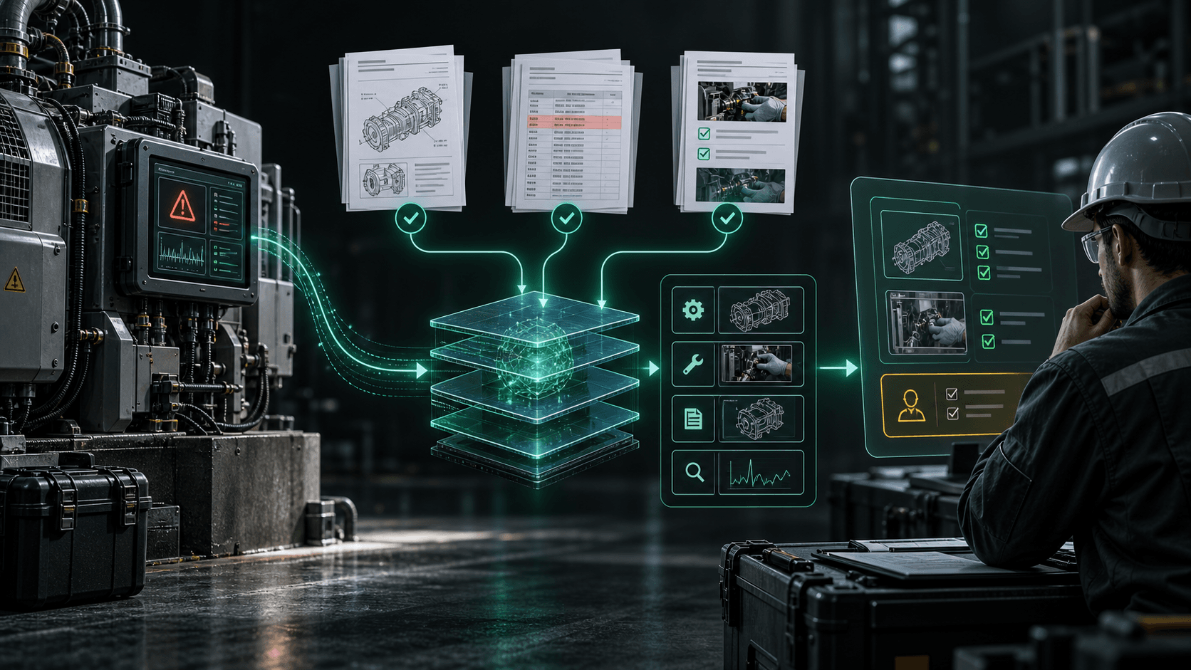 A controlled field-service evidence flow connects a machine fault signal and current technical documents to an engineer review route