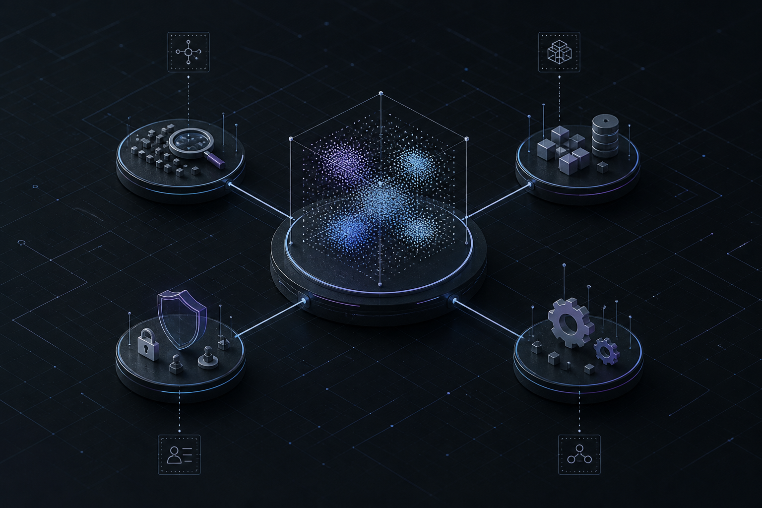 A neutral vector index connects to balanced nodes for query patterns, data lifecycle, access controls and operations